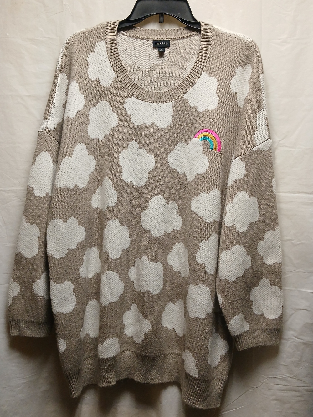 torrid Taupe & White Cloud-Pattern Sweater with Rainbow Patch
